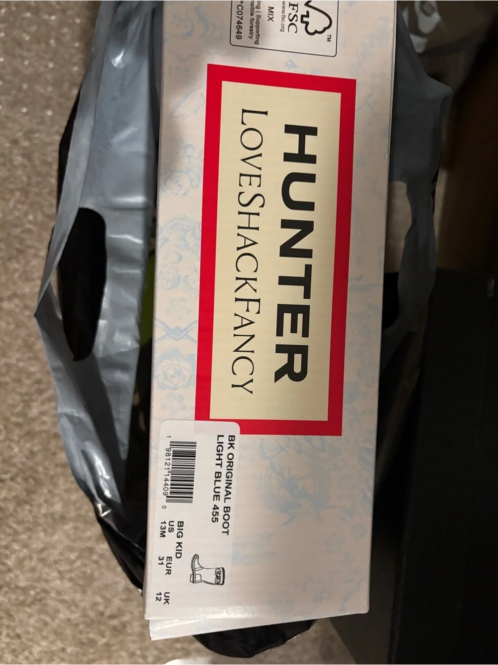 Hunter X Loveshackfancy 2026 Toscana Toile blue rain boots Big kid 13m brand new